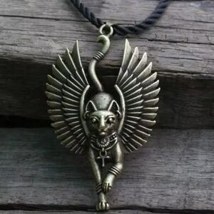 Winged Cat Pendant Necklace - Bronze